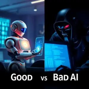 Good AI depicted as a friendly robot with a holographic tablet, versus Bad AI shown as a menacing hooded skull figure at a computer