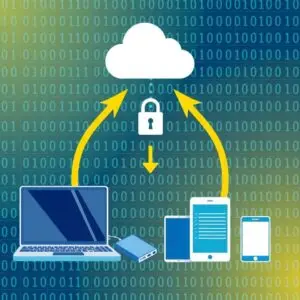 Illustration of secure cloud data syncing between a laptop, tablet, and smartphone, with a padlock and binary code background