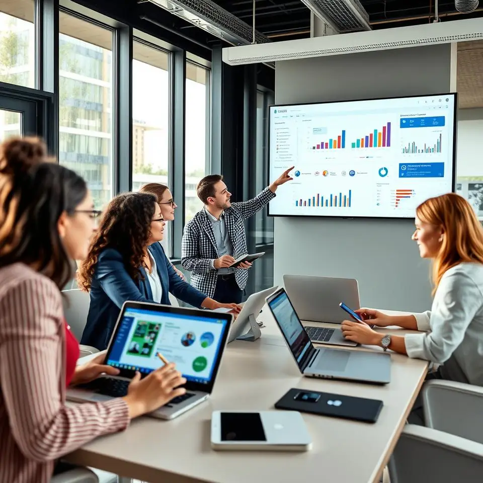 A team in a conference room reviews data dashboards on laptops while a presenter points to charts on a large display screen