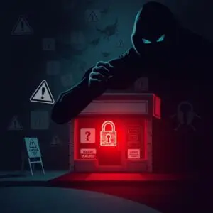Shadowy hooded figure looming over a locked, red-glowing ATM surrounded by warning signs and malware bug icons