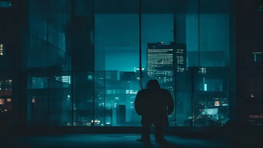 Ransomware threat facing Charlotte NC businesses illustrated by a hooded figure near an office building at night