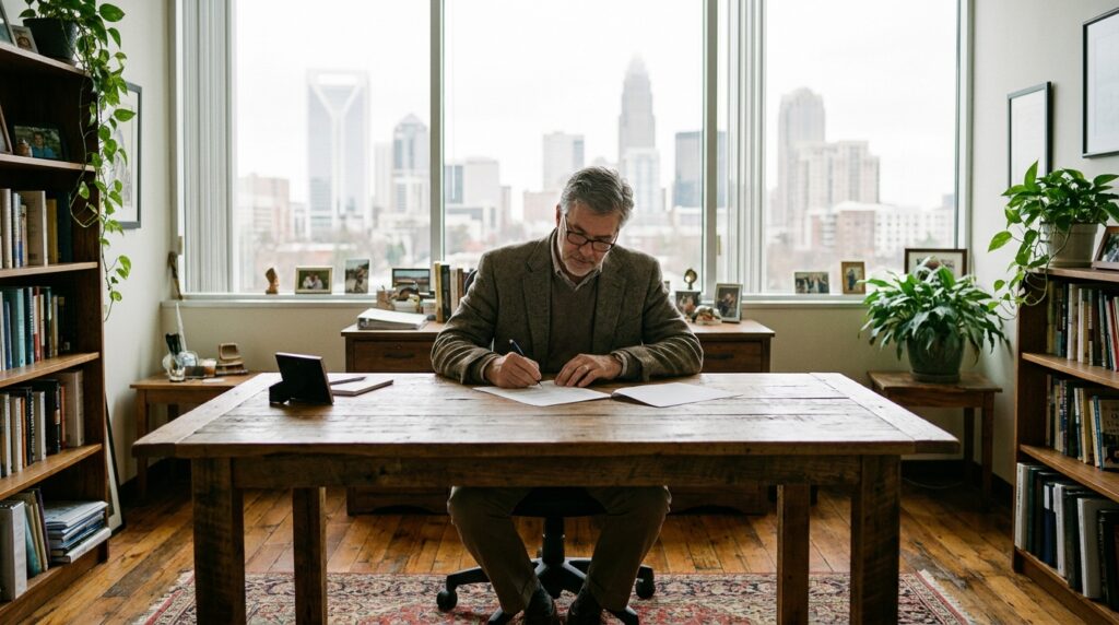 Charlotte business owner reviewing an IT contract at his desk with the uptown skyline behind him