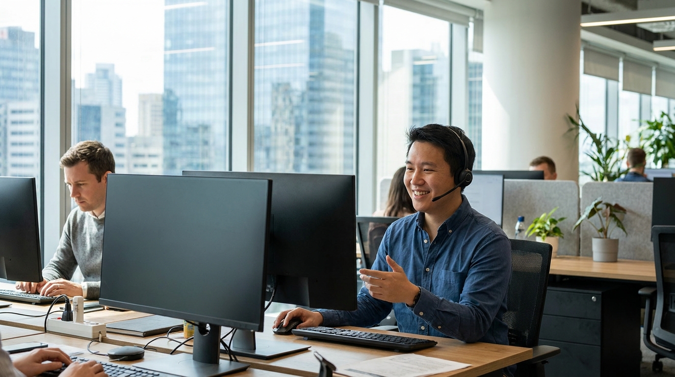 IT help desk engineer wearing a headset at a workstation in a Charlotte office