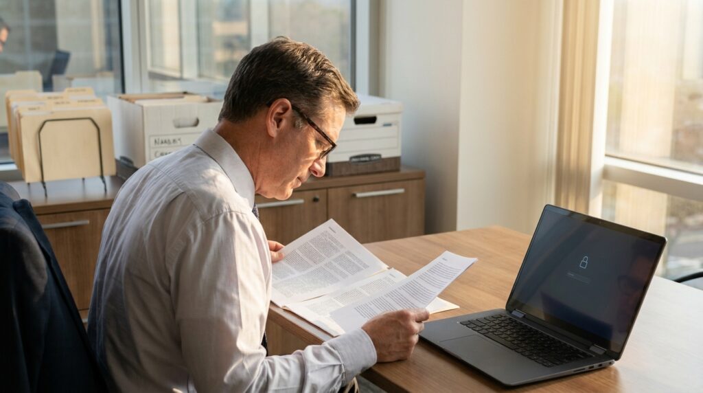 Charlotte CPA firm partner comparing two IT proposals at his desk