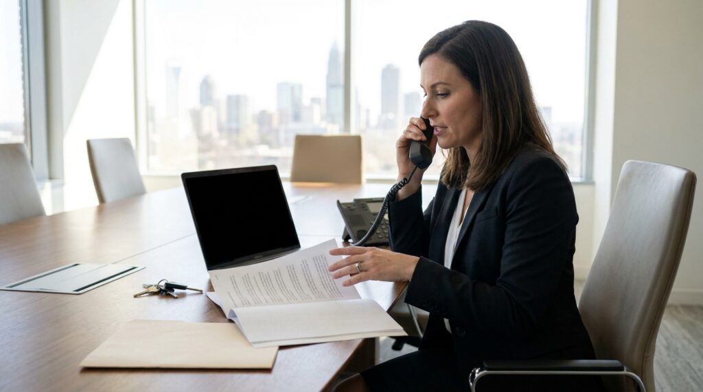 Closing coordinator at a Charlotte brokerage verifying wiring instructions by phone against a printed settlement statement