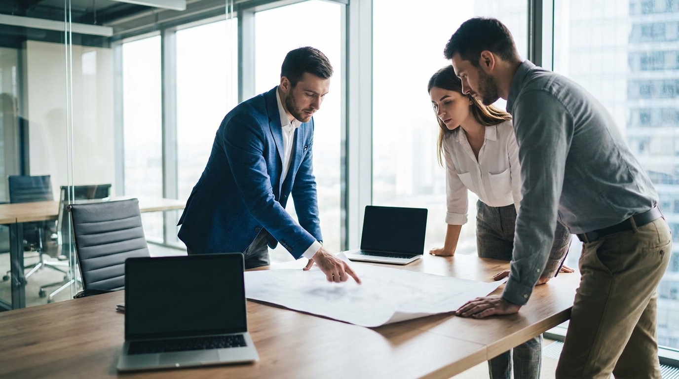 IT consultant reviewing a technology plan with two business leaders at a conference table