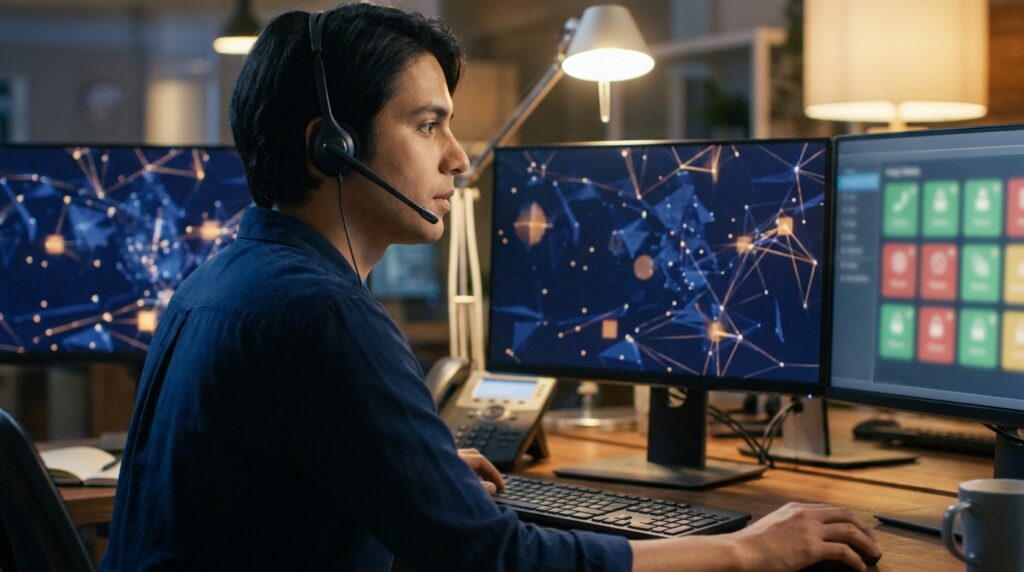 Charlotte IT help desk specialist responding to a client support ticket on multiple monitors