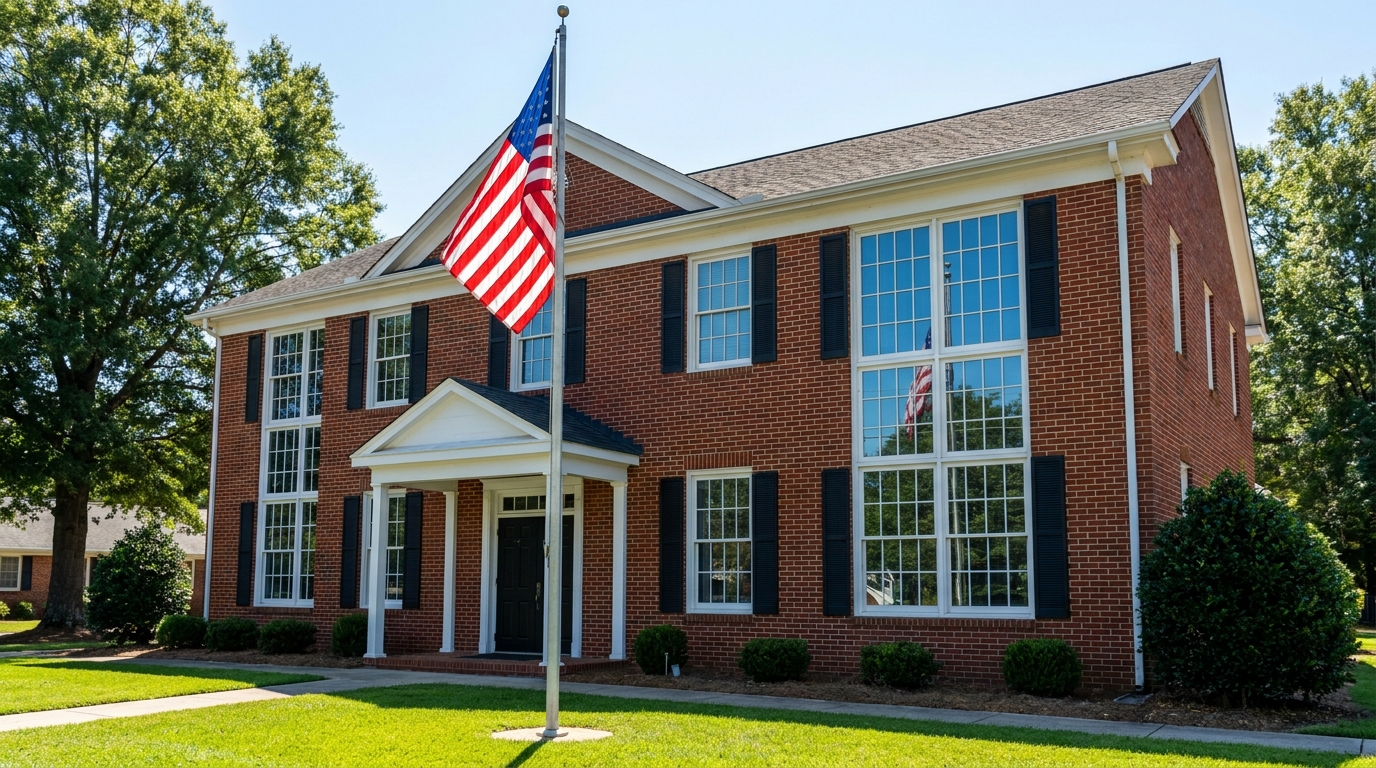 Brick town hall building with an American flag in the Charlotte region