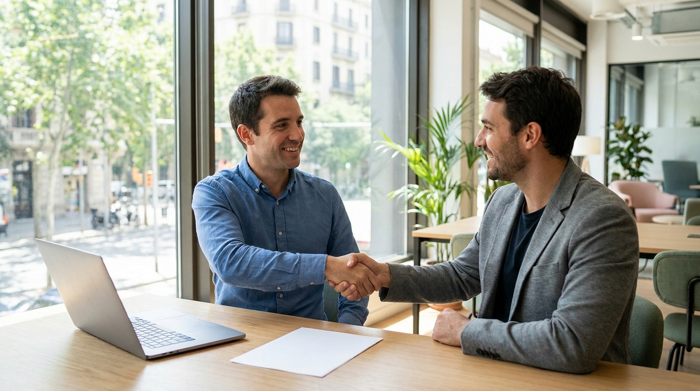 Business owner and IT consultant shaking hands over a one-page agreement