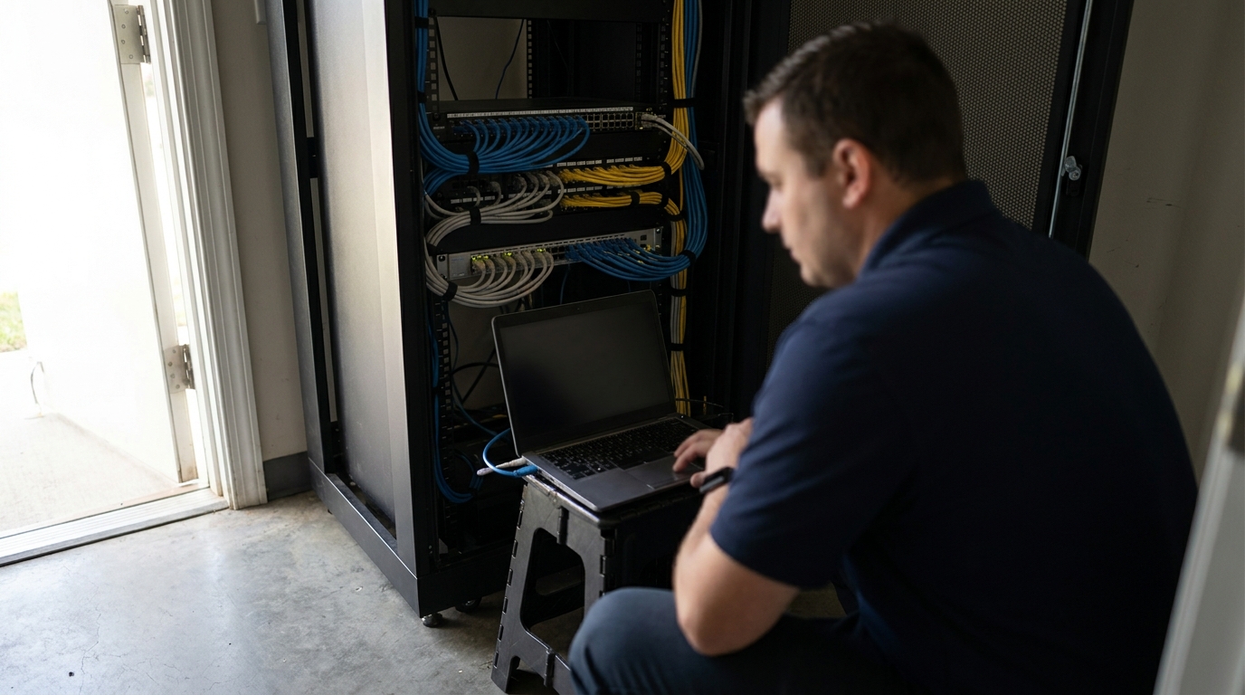 Network engineer checking a switch in a small Charlotte office wiring closet with a laptop