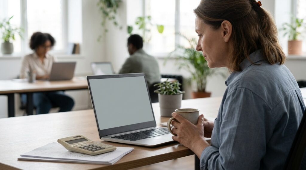 Small business owner reviewing a monthly software bill on a laptop